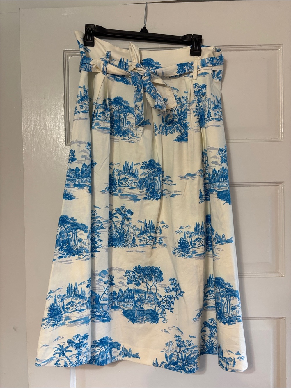 Ann Taylor Blue Toile A-Line Skirt with Self-Tie Waist